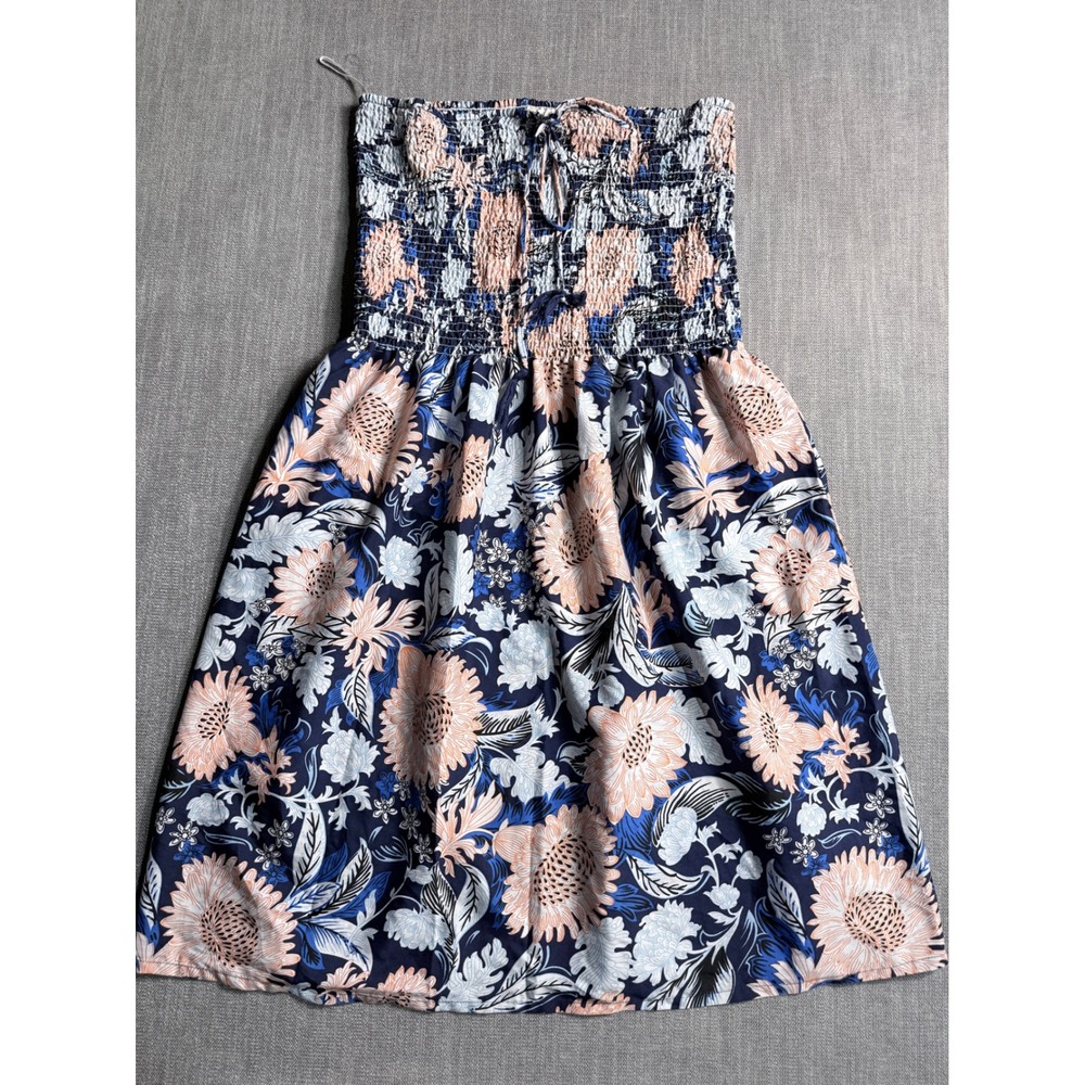 Gypsie Blu Womens XL Navy Blue Peach Floral Smocked Strapless Midi Tube Dress